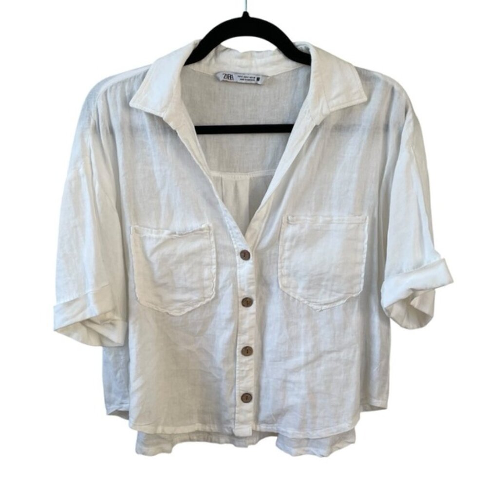 Zara Cropped Button Front Linen Blouse White S